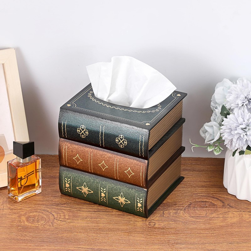 Hoowen Antique Wooden Book Tissue Holder, Decorative Square Tissue Cover