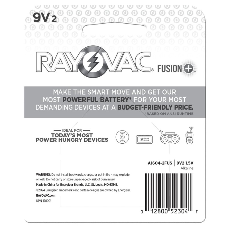 Rayovac 9V Batteries, Fusion Premium 9 Volt Battery Alkaline, 2
