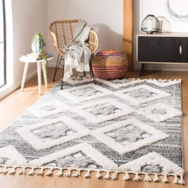 SAFAVIEH Moroccan Tassel Shag Collection MTS664G Boho Non-Shedding Living Room Bedroom Dining Room Entryway Plush 2-inch Thick Area Rug, 4' x 6', Grey / Ivory