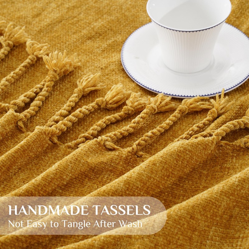 BATTILO HOME Gold Chenille Throw Blanket for Couch, Decorative Fringe