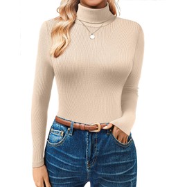 GKBK Women's Turtleneck Sweaters Long Sleeve Ribbed Basic Tees Shirts Lightweight Thermal Underwear Warm Layering Tops Fall Outfits 2025 Trendy Apricot