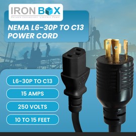 IronBox Electric NEMA L6-30P to C13 Power Cord - 15A, 250V, 14/3 SJT - UL Listed Power Plug and Cable - Heavy Duty Power Supply for Data Centers, PDU, High Powered Devices, Generators and More (15 ft)