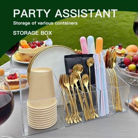 Utensil Holder for Party, Plastic Silverware Holder and Acrylic Cutlery Organizer for Paper Plates, Napkins, Cups, and Silverware - Countertop Caddy for Camping, Picnic, Buffet, Table Entertaining