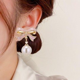 Bow Earings for Women Gold Pearl Drop Earrings Pink Dainty Dangle Stud Earrings Ribbon Statement Earrings Trendy Jewelry Gifts for Women-PK