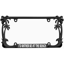 I'd Rather be at The Beach Palm Tree Design Chrome Metal Auto License Plate Frame Car Tag (Black/Silver)