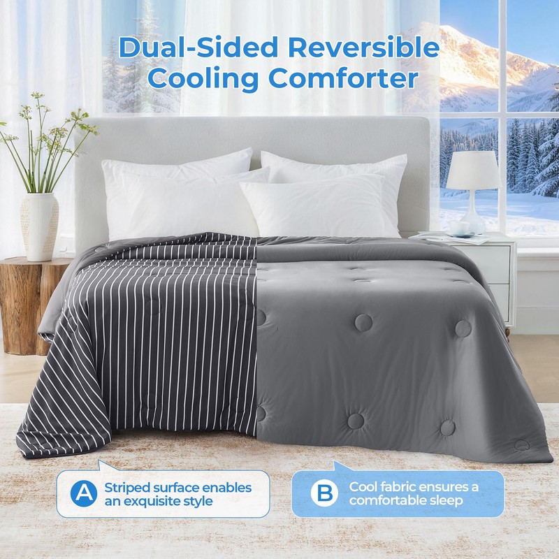 bedsmile Cooling Comforter Queen Size, Q-Max 0.45 Reversible Striped Cooling