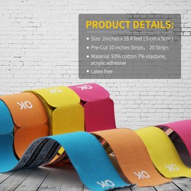 OK TAPE Kinesiology Tape 10 inches Precut, 20 Strips, Cotton Elastic Athletic Tape Latex Free, 2inch x 16ft, Orange