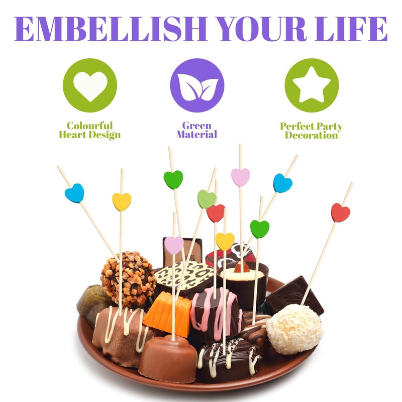 200 PCS Cocktail Sticks, Bamboo Sticks with Coloured Hearts, Bamboo