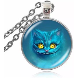 Fashion Jewelry WONDERLAND CAT BLUE 1" Large Round Pendant Charm Silver 20" Necklace Women Men