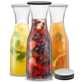 JoyJolt Glass Carafe with Lid, Set of 3 – 1 Liter Glass Pitcher for Mimosa Bar, Water, Iced Tea, Juice, Wine, Lemonade, Milk – Dishwasher Safe Beverage Drink Dispensers for Brunch, Parties