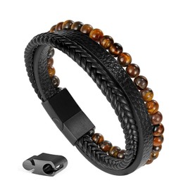 Ailetop Tiger Eye Bracelet Men - Mens Bracelets Beads Braided Leather Bracelet for Men Black Leather Mens Beaded Bracelets Jewelry Birthday Gifts for Dad Husband Son