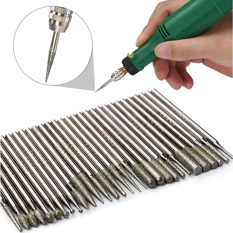 KEWAYO 30pcs Diamond Grinding Bits Set, Diamond Coated Rotary Burrs,