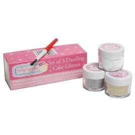 Set of 3 Holly Cupcakes Stunning Sparkly Decorating Glitters with Application Brush: Silver, Gold and Iridescent White
