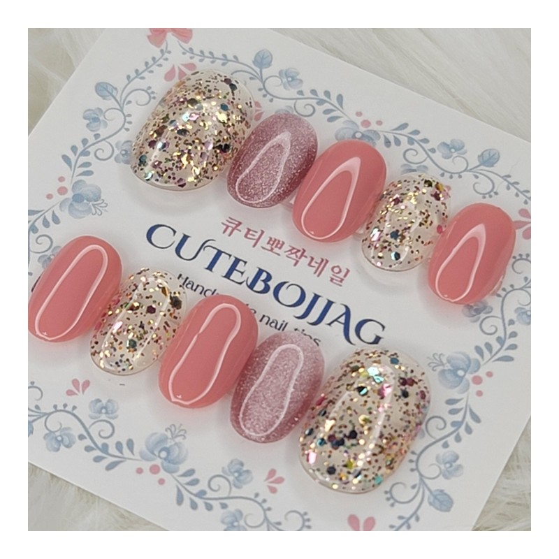 Pink Sparkle Handmade Nail Tips - Stiletto M / 핑크