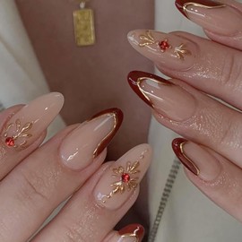 24Pcs Red French Tip Press on Nails Medium Almond Fake Nails with 3D Gold Chrome Flower Artificial Acrylic Nails Red Gem Flower Rhinestone Glue on Nails Retro French False Nails for Women