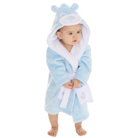 Metzuyan WS-AW23 Baby Girls Boys Teddy Bear Hearts Plain Dressing Gown with Hood Cosy Plush Fleece Hooded Robe Blue 18-24