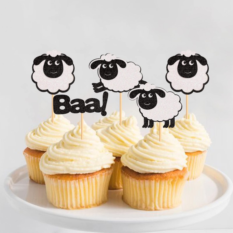 Ercadio 24 Pack Sheep Cupcake toppers Black Glitter Farm Animals