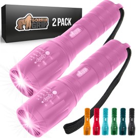 Gorilla Grip Powerful LED 750 FT Water Resistant 5 Adjustable Mode Tactical Flashlight, High Lumens Ultra Bright Battery Zoom Flashlights, Small Camping Car Mini Flash Light Accessories, 2 Pack, Pink