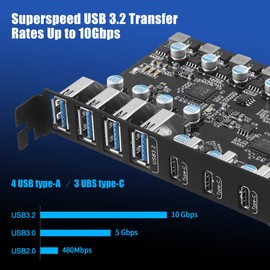 PCIe to USB 3.2 Gen 2 Card 7-Port(4A +3C), 10Gbps PCI Express Expansion Card for Desktop PC Windows 10/8/7 and Above