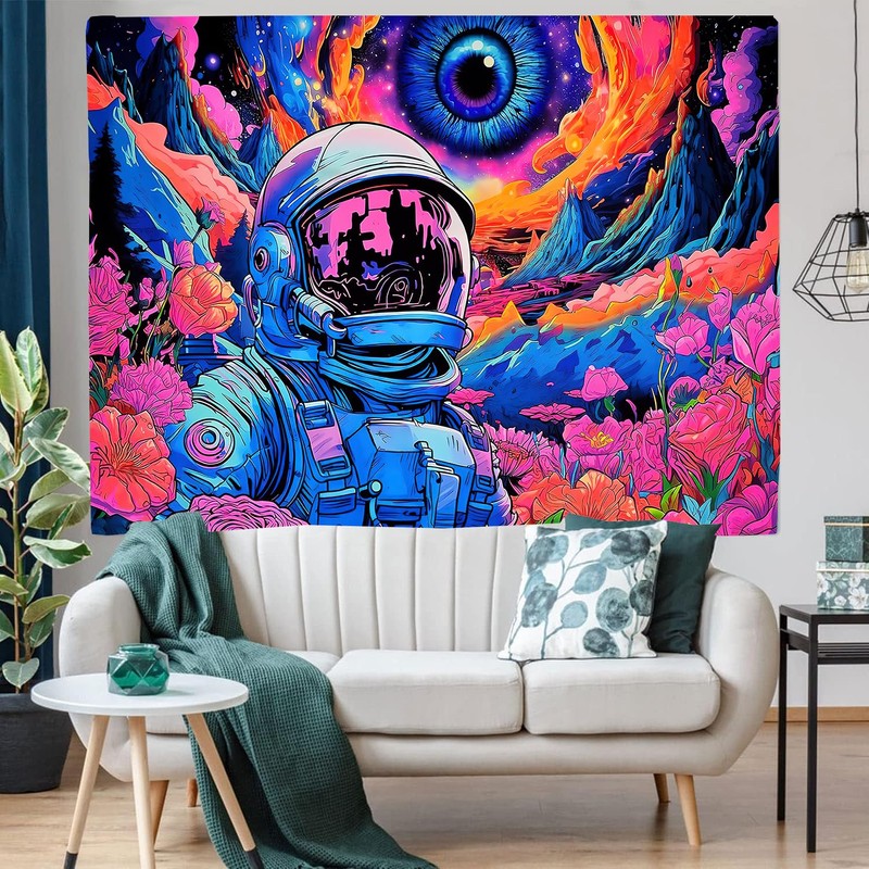 FENDROM Blacklight Astronaut Tapestry Hippie Eyes Tapestry UV Reactive Flowers