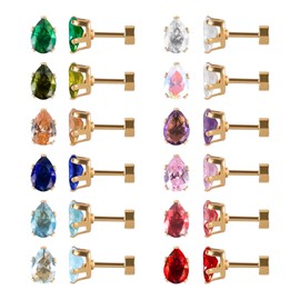 12 Pairs Surgical Stainless Steel Flat Back Stud Earrings, Screw Back Gold Plated Square Teardrop Cubic Zirconia CZ Birthstone Stud Earrings Set (Gold teardrop 4mm)