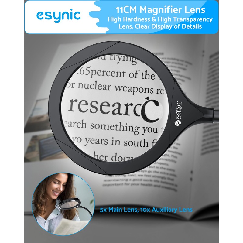 eSynic Magnifying Lamp High Clarity Magnifying Glass with Light 5X