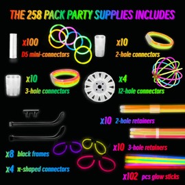 Naivees 102 PCS 8 Inch Glow Sticks Bulk, Ultra-Bright Glow in The Dark, Neon Party Supplies with Connectors, Waterproof Nontoxic Bracelets Necklaces, Balls Flowers, Glow Party Decorations for Camping and Wedding