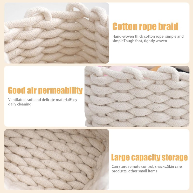 2 Pack Small Woven Baskets, Natural Cotton Rope Woven Baskets