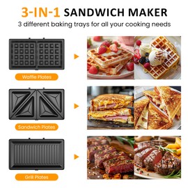 SUNVIVIPRO 3 in 1 Waffle, Grill & Sandwich Maker, Sandwich Maker Panini Press Waffle Iron Set with Removable Non-Stick Plates & Indicator Lights, Panini Press Grill for Breakfast, 800W, Black