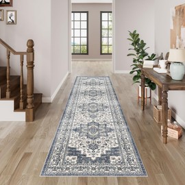 Dripex Hallway Runner Rug 2x10, Washable Rug Kitchen Rug Non Slip with Rubber Backing Soft Thin Vintage Carpet Runner for Entryway Bedroom Bathroom Laundry Room Living Room Decor, Dark Blue