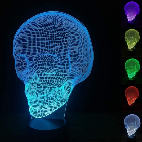 FULLOSUN Holloween Decor, Skull 3D Lamp Optical Illusion, Death Model Gift for Fan Xmas Halloween, Kids Boy Room Night Light with Remote16 Colors Changing
