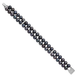 Solid 925 Sterling Silver 7-8mm Black Freshwater Cultured Pearl CZ Cubic Zirconia 2-strand Bracelet 7.5"