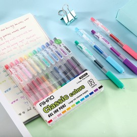 AIHAO Drawing Gel Ink Pens, Colored Gel Pens Fine Point, 0.5mm, 12 Pack, Assorted Color For Journaling, Adult Coloring, Notetaking, School, Office & Home Use