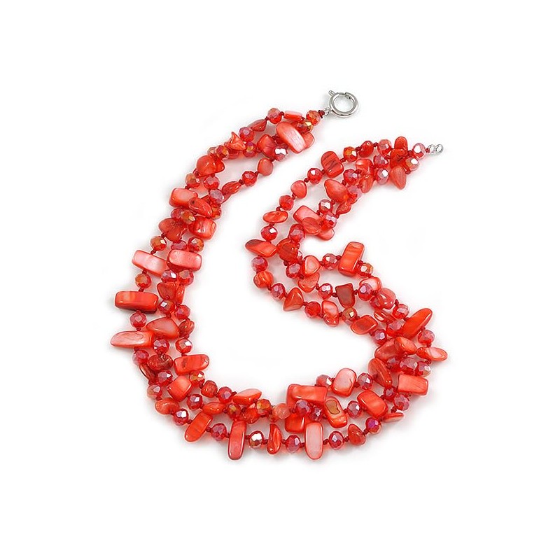 3 Row Red Shell And Glass Bead Necklace - 54cm