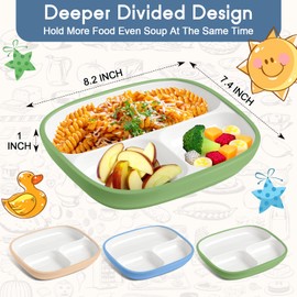 Domensi 3 Set Kids Porcelain Plates with Silicone Sleeves 8.2 Inch Divided Porcelain Plate Toddler White Suction Dishes for Baby Troubleless Eating Microwave Dishwasher Safe (Vivid)
