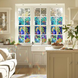 Decorative Sea Turtle Stained Glass Window Film, Sea Turtle Stained Glass Window Film for Bathroom Door Heat Anti UV