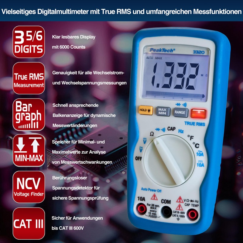 Peak Tech Digital Multimeter with vibrating alarm - 3 5/6