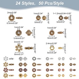 PH PandaHall 1200pcs Antique Spacer Beads, 4 Colors Tibetan Flower Square Rondelle Beads Alloy Spacers Beads Flat Round Loose Beads for Bracelet Necklace Earring Jewelry Making Supplies