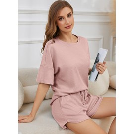 Andeip 2 Piece Lounge Set Women Waffle Sweatsuit Outfits Cozy Pajama Set Sweat Set Pink XL