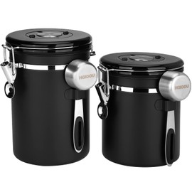 HAIOOU Airtight Coffee Canister, 22OZ +16OZ 2 Piece Stainless Steel Coffee Bean Storage Container with Date Tracker, Measuring Scoop, CO2 Releasing Valves, Mini Tongs for Coffee Bean, Grounds - Black