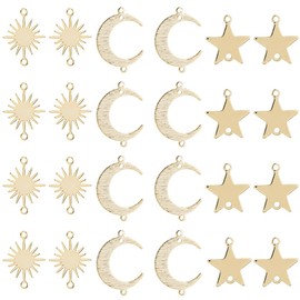 Hobbspring 24 Stück Messing Anhänger Verbindungsstück 14 Karat Vergoldet Mond Sonne Stern Verbindungsstück Charms Stern Mond Sonne Charms Mit 2 Löchern Für Schmuck Armbänder Halsketten DIY Handwerk