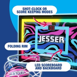 Jesser Hoop Over The Door Mini Basketball Hoop – 2 Gameplay Modes: Shot Clock or Score Keeping, 5" Exclusive Ball, Electric LED Scoring, Net, Air Pump - Indoor Sports Fun for Kids 6+
