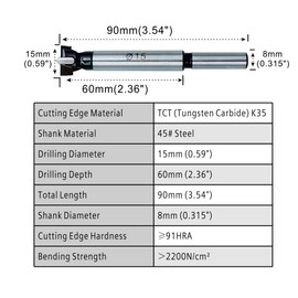 Forstner Drill Bits 15mm (19/32 inch) Tungsten Carbide Upgraded Version Higher Hardness Wood Hole Saw Auger Opener Woodworking Drilling Tool Wood Cutter