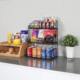 X-cosrack Stackable Wire Basket 3 Tier Countertop& Wall Mounted Metal Storage Basket for Kitchen Pantry Cabinet, Muti-functional Open Front Bin Organizer for Food Fruit Snack, Black