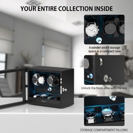 XTELARY Watch Winder for 4 Automatic Watches, Black Lockable Automatic Winders with Extra 4 Watch Storages, 4 Rotation Modes, Flexible Watch Pillows, Quiet Mabuchi Motor, and Blue Backlight