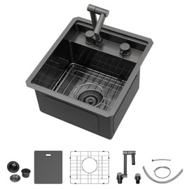Talllor Rv Kitchen Sink - 18 x 15 Inch Matte Black Undermount Bar Sink 16 Gauge 304 Stainless Steel Single Bowl Rv Hidden Kitchen Sinks Basin with Faucet Space-Saving #TLRV-0002