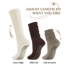 Century Star Yoga Pilates Socks with Grips for Women-Non Slip Scrunch Barre Dance Hospital Long Cozy Socks 3 Pairs Maillard