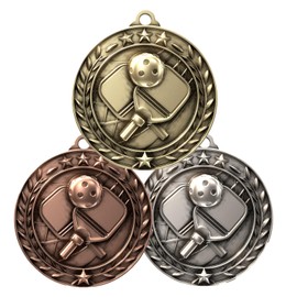 Decade Awards Pickleball Medal, Wreath - Bronze | Engraved Pickleball Medal with Stars & Stripes Neckband - 2.75 Inch Wide - Customize Now (Bronze-SSNB)