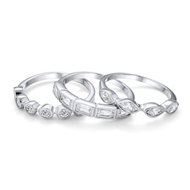 3 Set Geometric Cubic Zirconia Baguette Marquise Round CZ Stackable Wedding Band Ring Set For Women .925 Sterling Silver