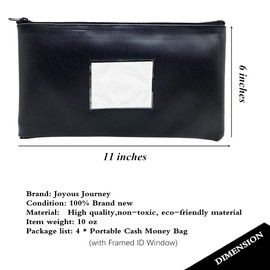 Bank Deposit Money Bag Pouch (4 Pack), Utility Leatherette Securit Vinyl Zipper Wallet Pouches with Framed ID Window and Blank Card for Cash Money, Cosmetics, Tools, 11x6 inches (4 Color)